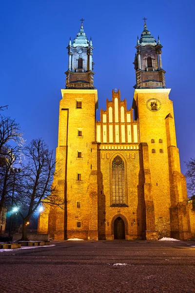 Facade Bell Towers Historic Gothic Cathedral Night Poznan — Stock Photo, Image