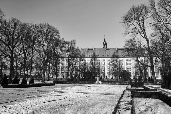 Historické Budovy Bývalého Kláštera Zasněženého Parku Městě Poznaň Monochrom — Stock fotografie