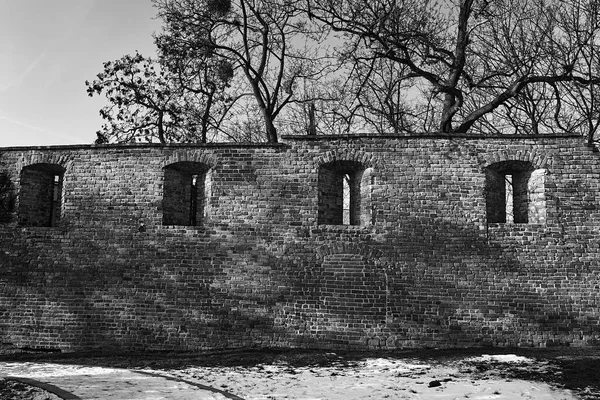 Fragment Medieval Brick Defensive Wall Winter City Poznan Monochrome — Stock Photo, Image