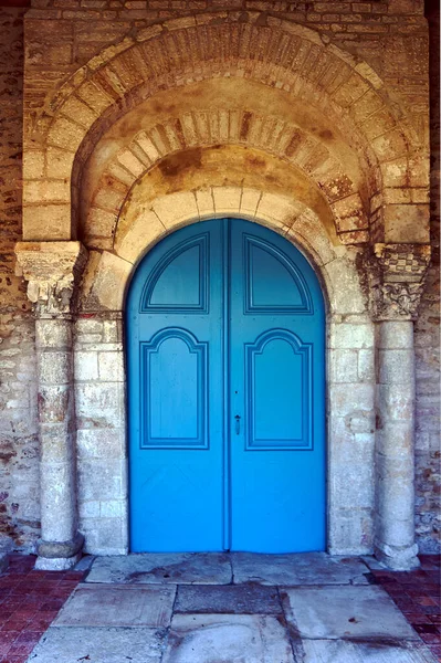 Portale Pietra Porta Legno Una Chiesa Medievale Champagne Francia — Foto Stock