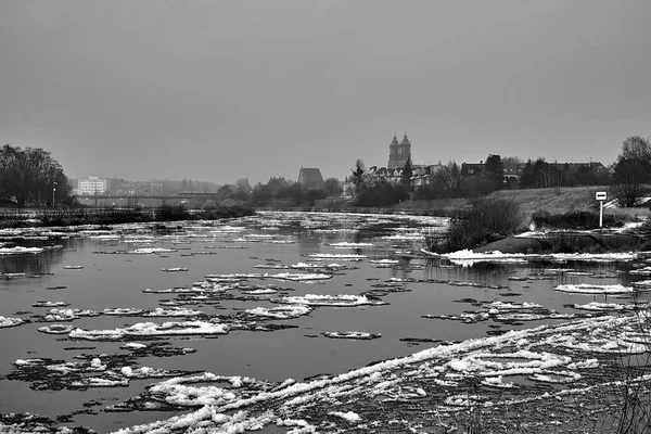 Floe Warta River Winter City Poznan Poland Monochrome — Fotografia de Stock