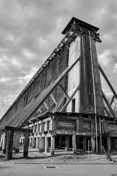 Wooden construction of the historic graduation tower in Ciechocinek in Poland, monochrome