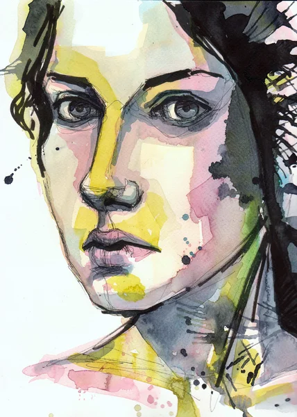 美しい少女の水彩画の肖像画 — ストック写真