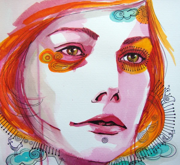 Akvarell porträtt av vacker flicka — Stockfoto