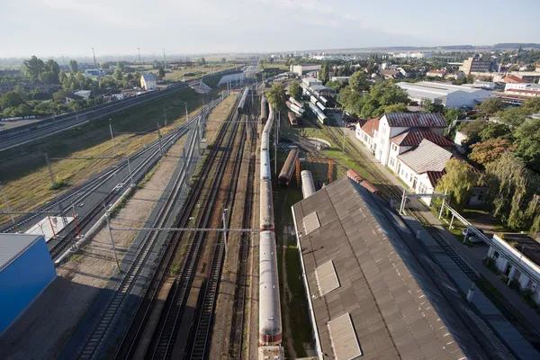 Bardzo szczegółowe antenowe widokiem z linii kolejowych, dróg, factorie — Zdjęcie stockowe