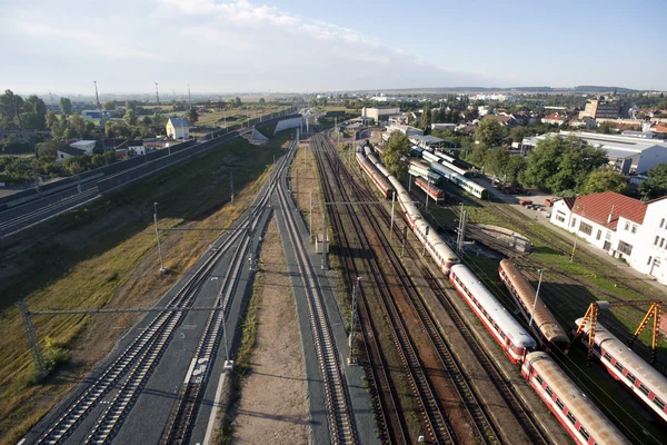 Bardzo szczegółowe antenowe widokiem z linii kolejowych, dróg, factorie — Zdjęcie stockowe