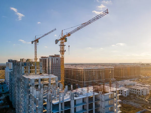 Cranes Construction Site Surrounded New Real Estates Scenic Aerial Photo — Stock Photo, Image