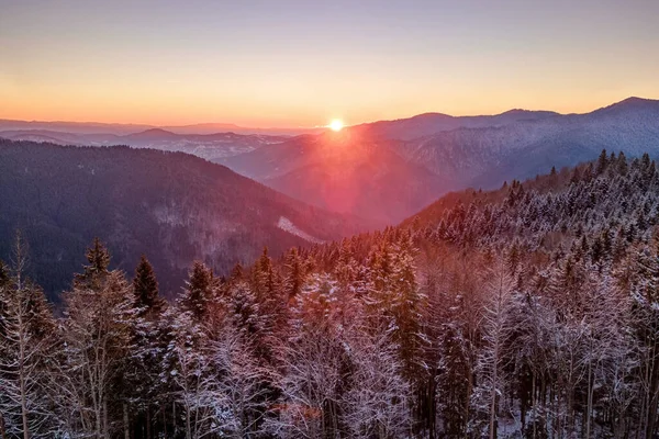 森の斜面を持つ山の中で美しい冬の夕日 — ストック写真