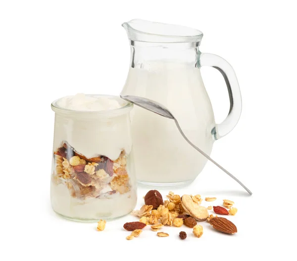 Desayuno Saludable Con Leche Yogur Con Granola Nueces —  Fotos de Stock