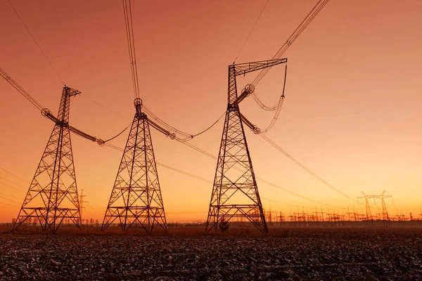 Big Power Lines Beautiful Sunset Sky — Stock Photo, Image