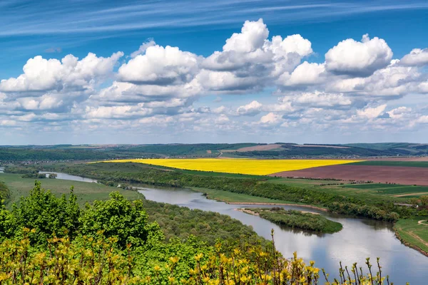 Красивый Сельский Пейзаж Западе Украины Рекой Днестр Сельскохозяйственными Полями Красивым — стоковое фото