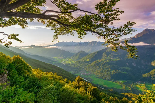 Belo Pôr Sol Vale Montanha Linda Natureza Vale Soca Eslovênia — Fotografia de Stock