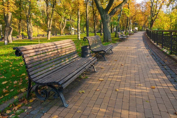 在阳光灿烂的秋天公园的长椅上 在城市公园里的一个宁静的早晨 — 图库照片