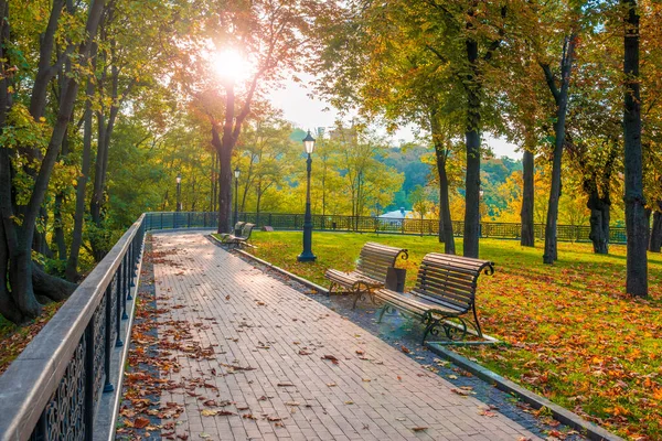 秋天有长椅和古色古香的城市照明的美丽公园 — 图库照片