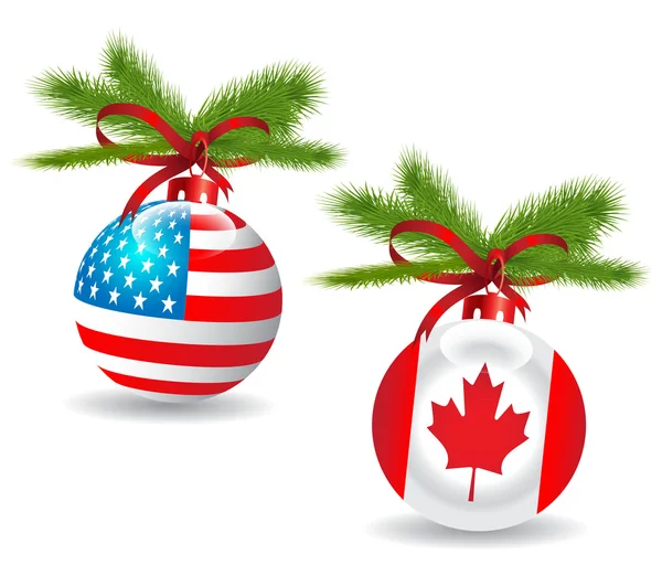 Bola de Natal com EUA, bandeira canadense.Vector —  Vetores de Stock