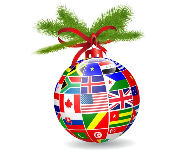 Uluslararası bayrakları küre ile Noel top — Stockvector