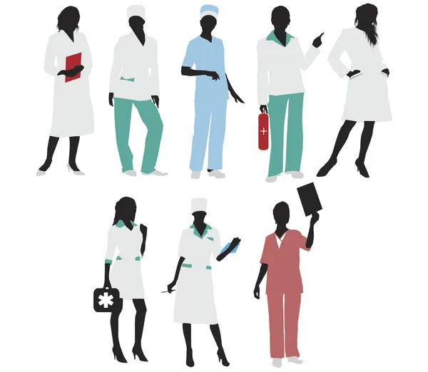 Médico médico niñas silhouettes.Vector — Archivo Imágenes Vectoriales