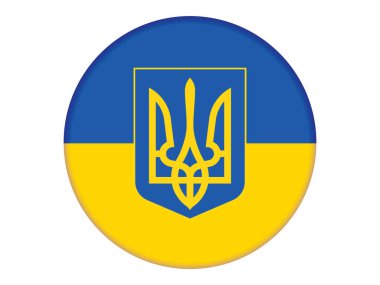 Ukraine Flag And Trident Round Glossy button. Vector