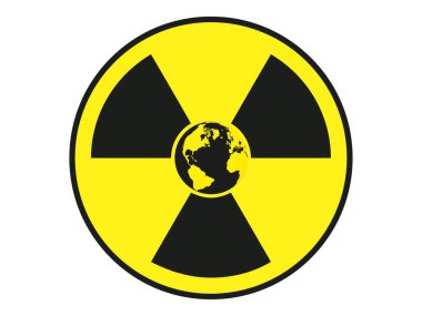 Dünya gezegeninin radyasyon kirliliği. Globe arka planında radyasyon kirliliğine dair sarı bir işaret var. Vektör