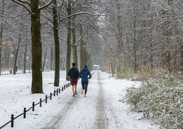 Caminantes Corredores Ciclistas Parque Invierno Cubierto Nieve Del Tiergarten Berlín —  Fotos de Stock