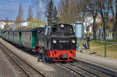 The historic Rasender Roland railway on the holiday island of Ruegen, Sellin, Mecklenburg-West Pomerania, Germany