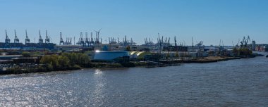 View from the Elbphilharmonie on the industrial port, Hamburg, Germany