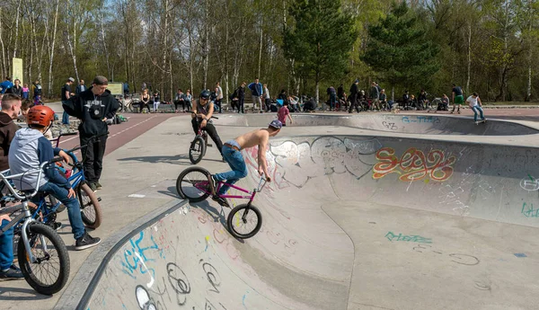 Skateboard and cyclists in a skate pool in the amusement park at Gleisdreieck Park in Berlin-Mitte, Germany