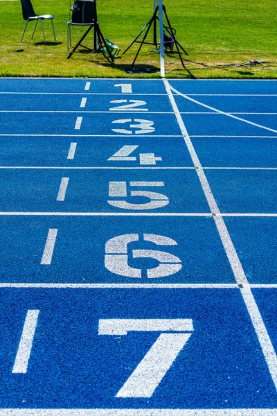 Blue Tartan Track Sports Field Berlin Germany — Stock Photo, Image