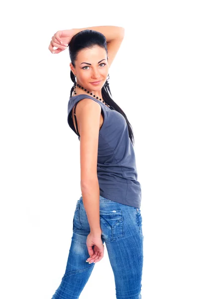 Isolé sur femme brune blanche debout en jeans . — Photo
