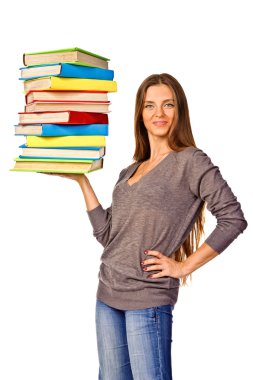 Öğrenci kız renk kitap yığını tutan