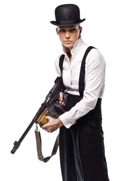 Gangstermädchen mit Thompson-Maschinengewehr — Stockfoto