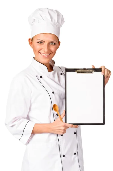 Mulher chef bonita segurando uma placa de aviso — Fotografia de Stock