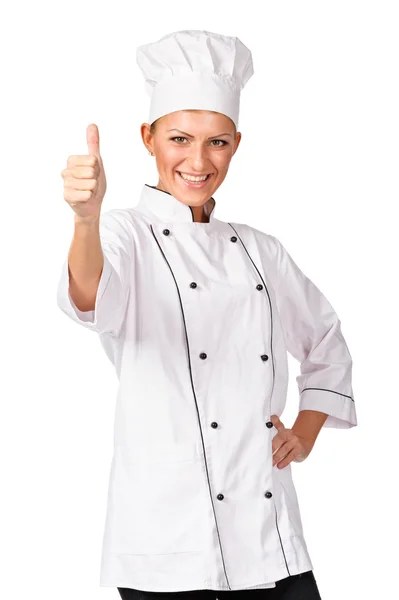 Chef mujer - pulgares felices hacia arriba — Foto de Stock