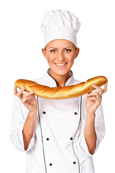 Portrait of female chef holding up a beautiful loaf of Italian B — Stock Photo, Image