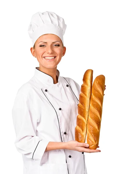 Cute female chef holding up a beautiful loaf of Italian Bread — Stock Photo, Image