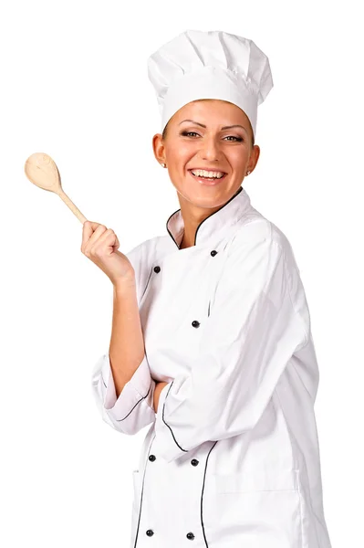 Kok, chef-kok of baker kijken camera, houden houten lepel — Stockfoto