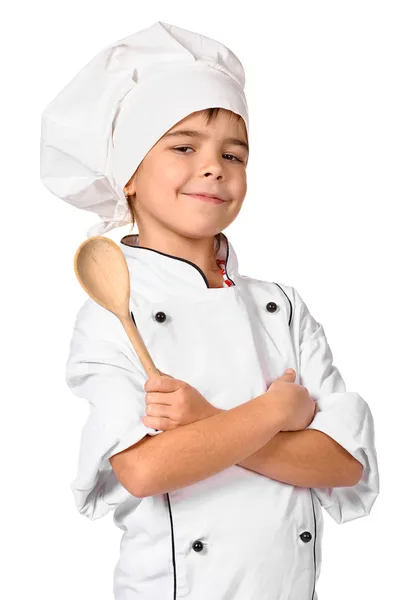 Chica chef con cuchara de madera — Foto de Stock