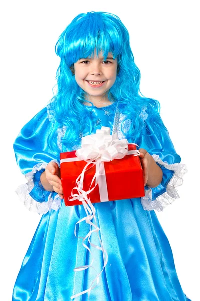 Menina bonita vestida como Malvina, boneca com o cabelo azul — Fotografia de Stock