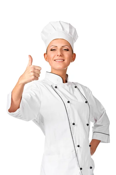 Chef mujer - pulgares felices hacia arriba — Foto de Stock