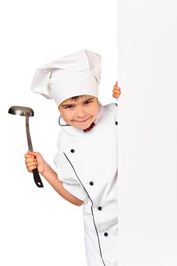 çocuk beyaz üniforma ve boş tahta saklanarak şapka şef