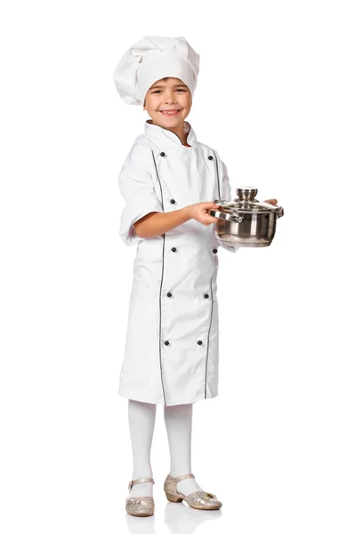 Pequeña chica bonita chef sosteniendo una olla — Foto de Stock