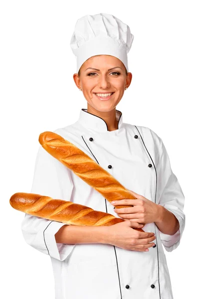 Cute female chef holding up a beautiful loaf of Italian Bread. — Stock Photo, Image