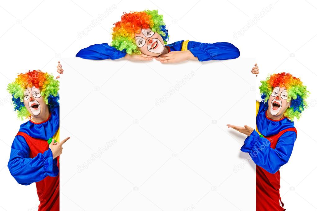 Set of three funny clown standing over a white background