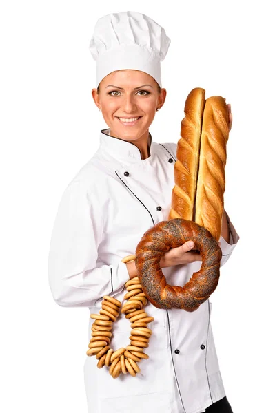 Cute female chef holding up a beautiful Bread — Stock Photo, Image