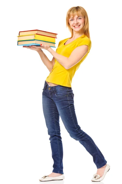 Девушка с кучей цветной книги — стоковое фото