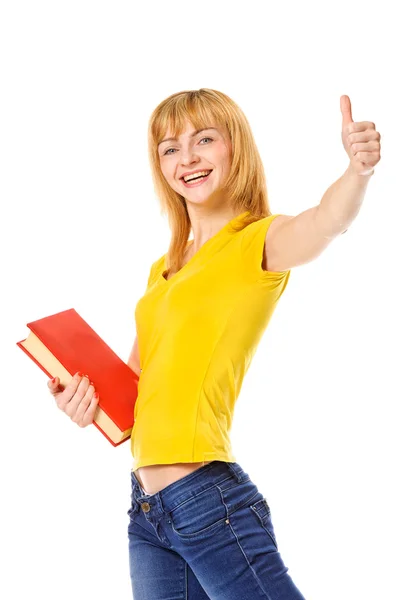 Junge Studentin mit Buch in der Hand und Daumen-hoch-Geste — Stockfoto