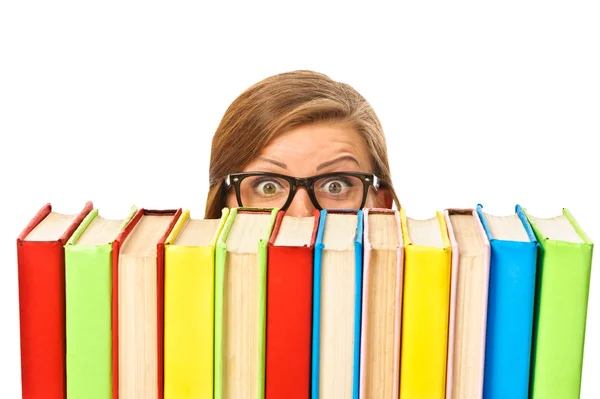 Happy smiling young student woman with books, isolated — Stock Photo, Image