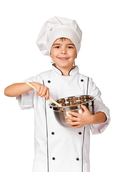 Happy little Chef girl with ladle girl having fun making cookies — Stock Photo, Image