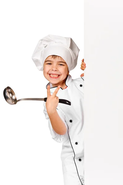 Happy little Chef girl with ladle. Isolated — Stock Photo, Image