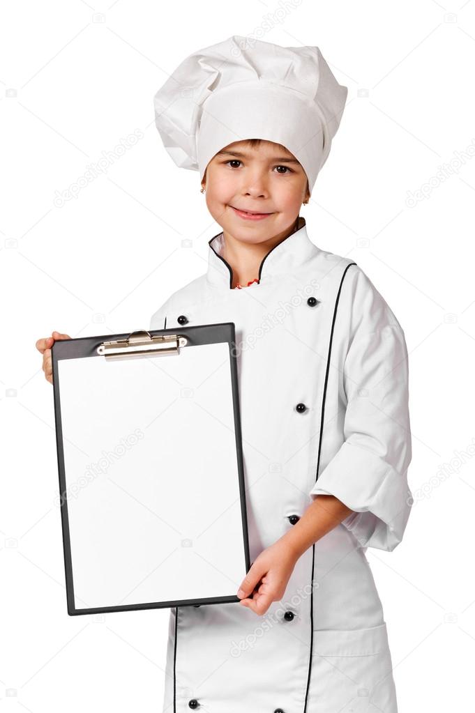 Beautiful kid chef holding a notice board over a white backgroun